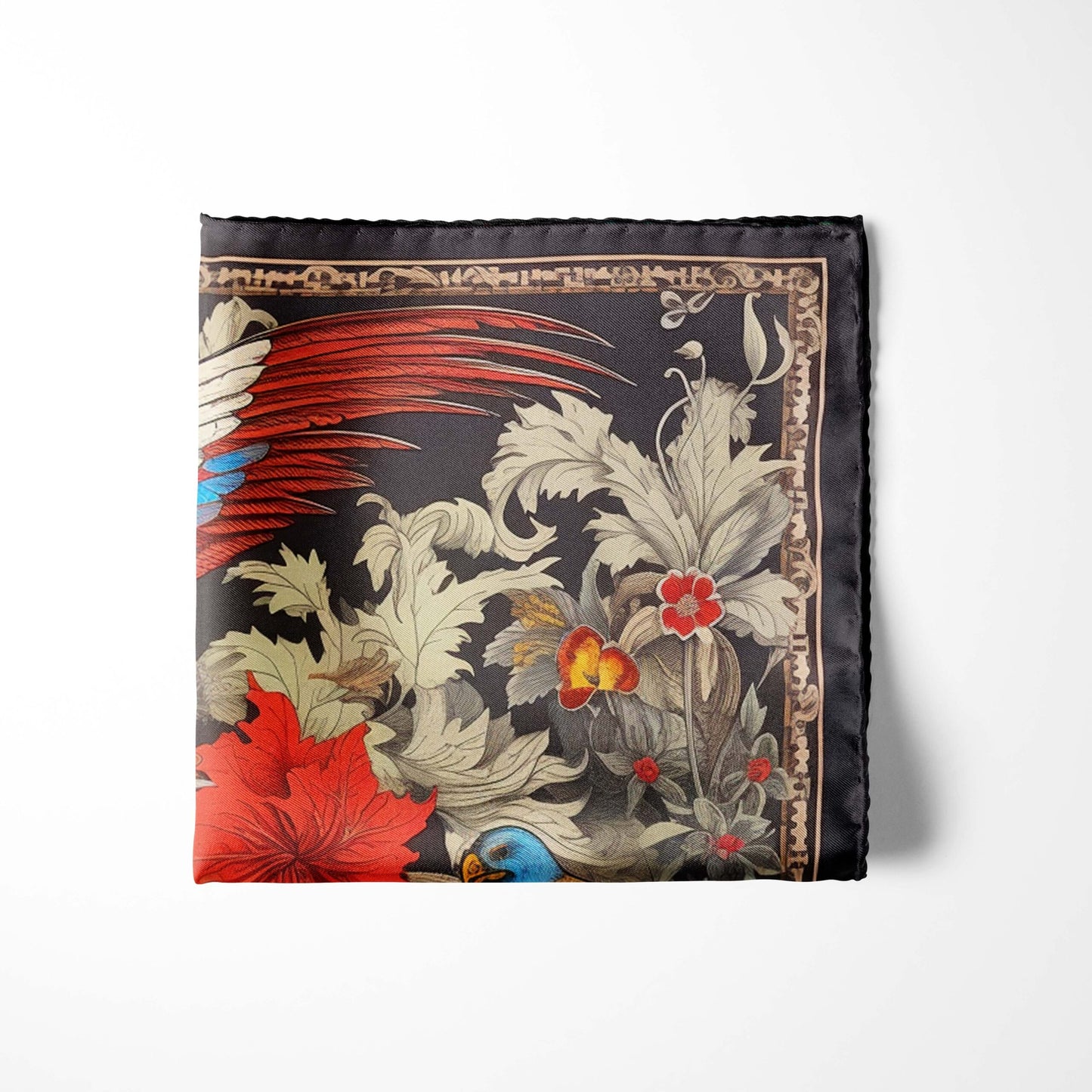 Genuine Silk Scarlet Macaws and Jungle Bloom Pocket Square