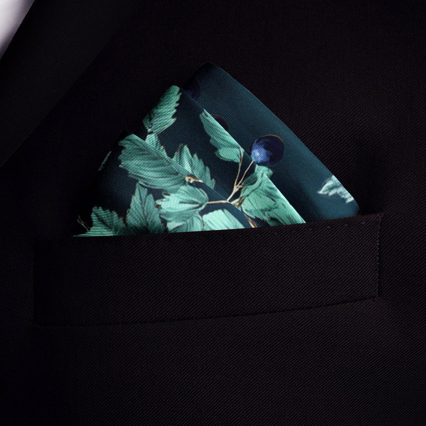 Genuine Silk Teal Gold Forest Botanical Pocket Square