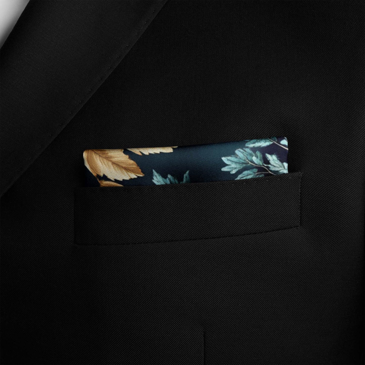 Genuine Silk Teal Gold Forest Botanical Pocket Square