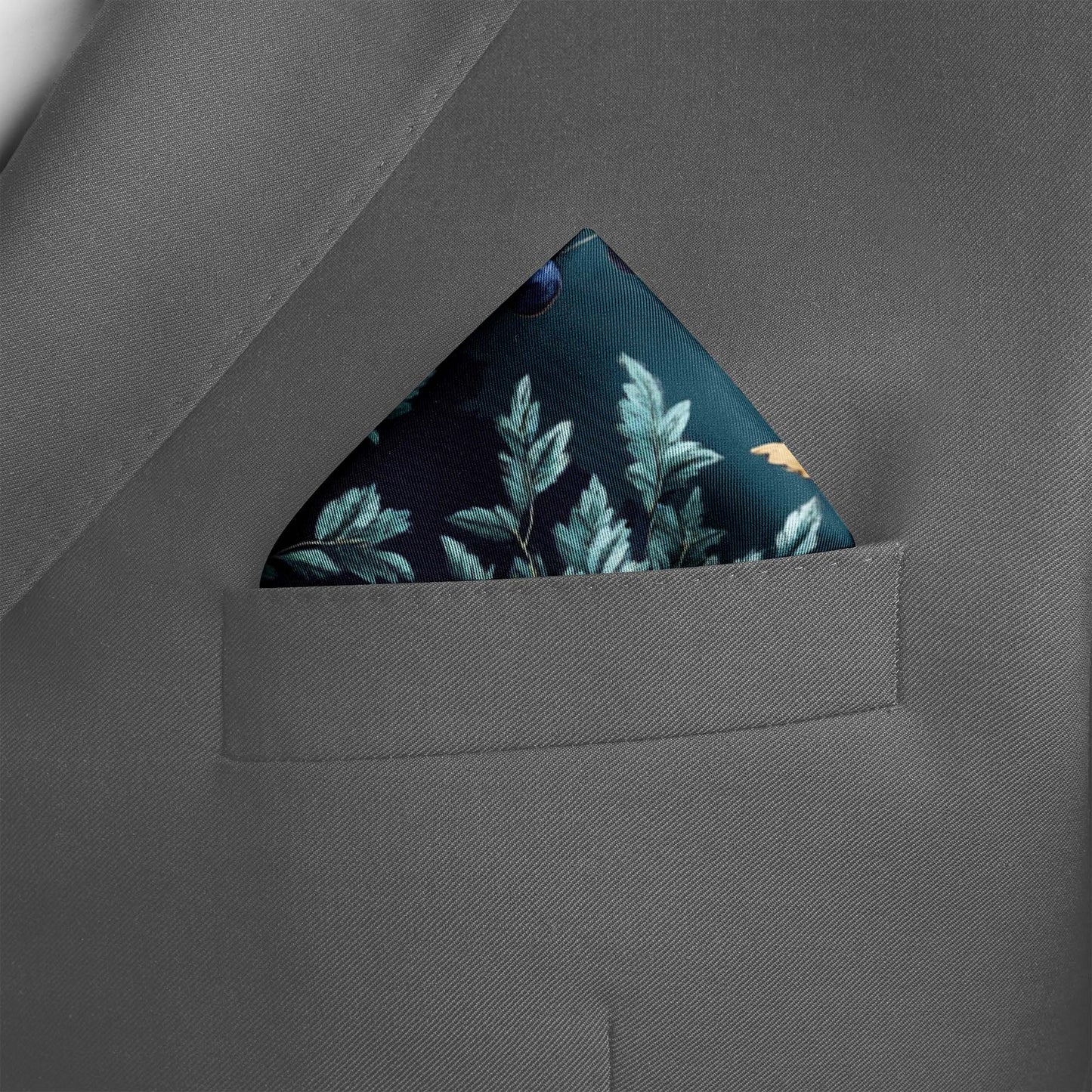 Genuine Silk Teal Gold Forest Botanical Pocket Square
