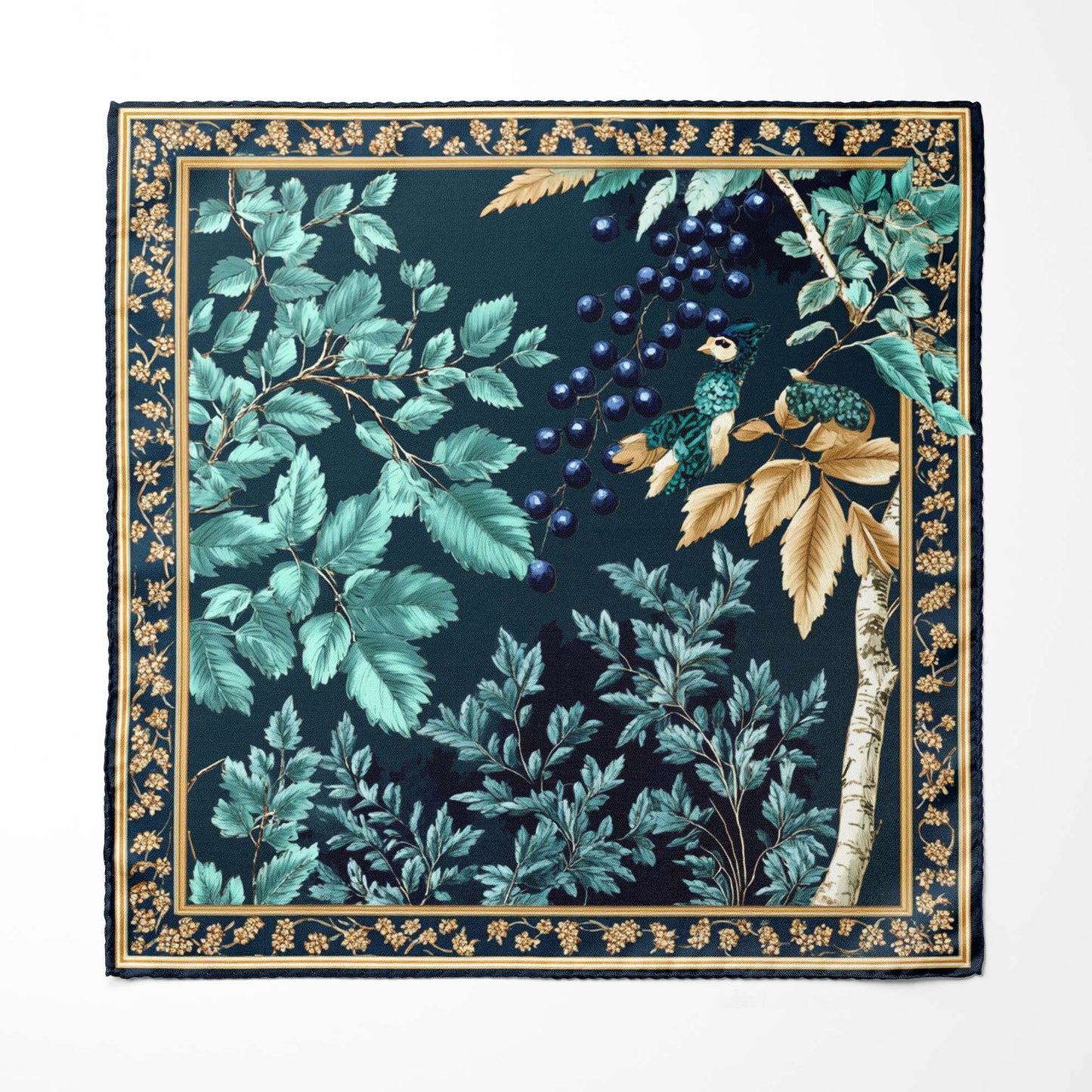 Genuine Silk Teal Gold Forest Botanical Pocket Square