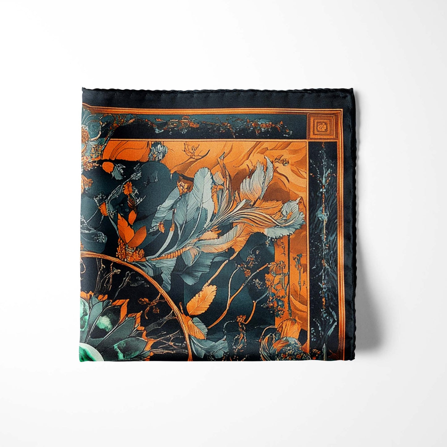 Genuine Silk Teal and Copper Stone Floral Pocket Square