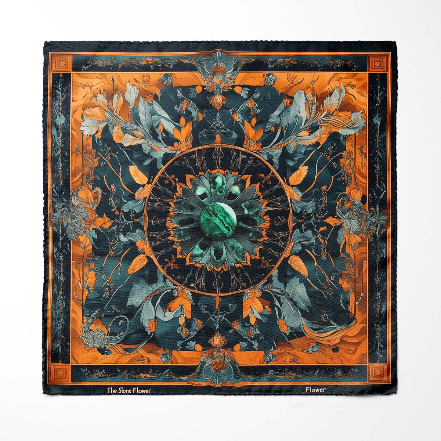 Genuine Silk Teal and Copper Stone Floral Pocket Square