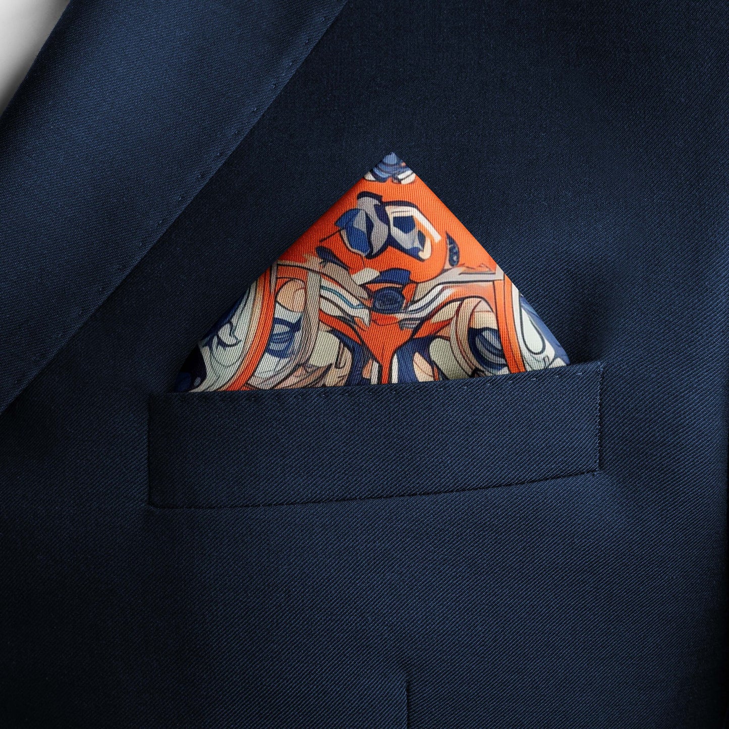 Genuine Silk Vermilion Labyrinth and Azure Echo Pocket Square