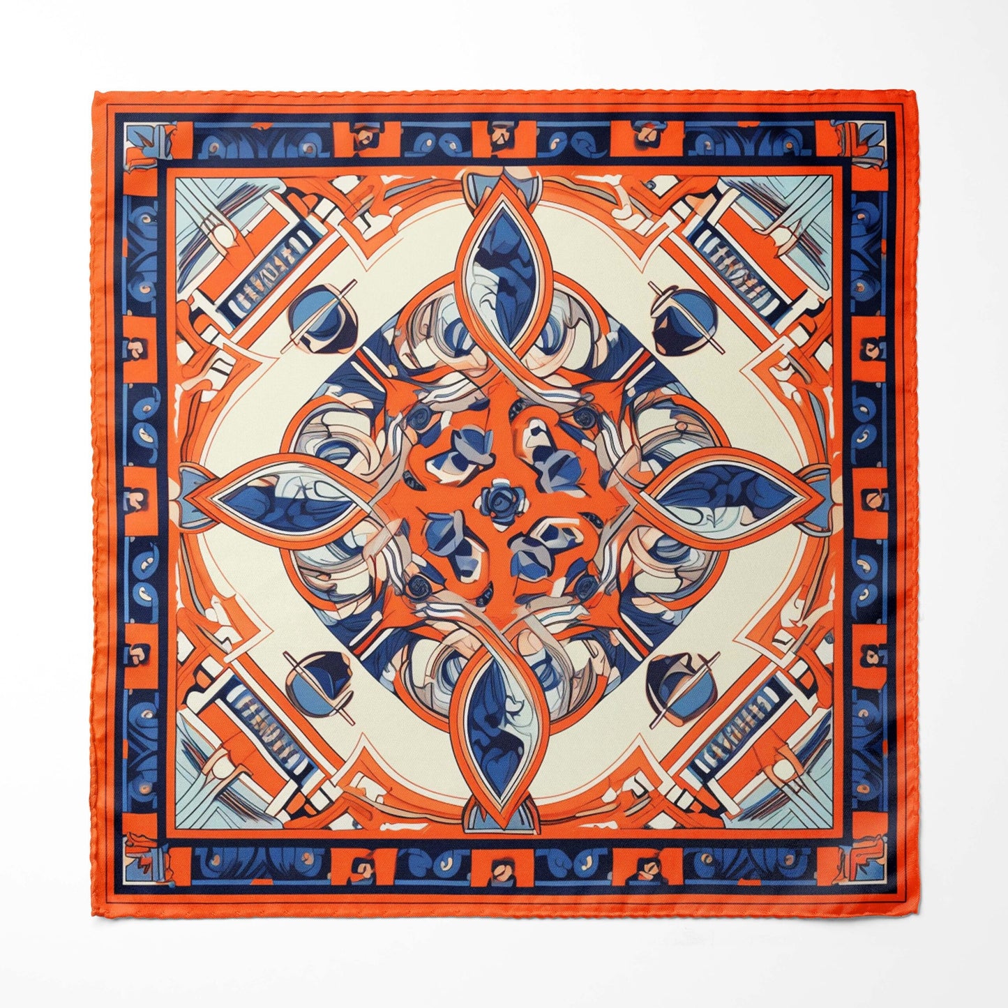 Genuine Silk Vermilion Labyrinth and Azure Echo Pocket Square