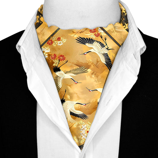 Genuine Silk Gold Floral Cranes Ascot Cravat