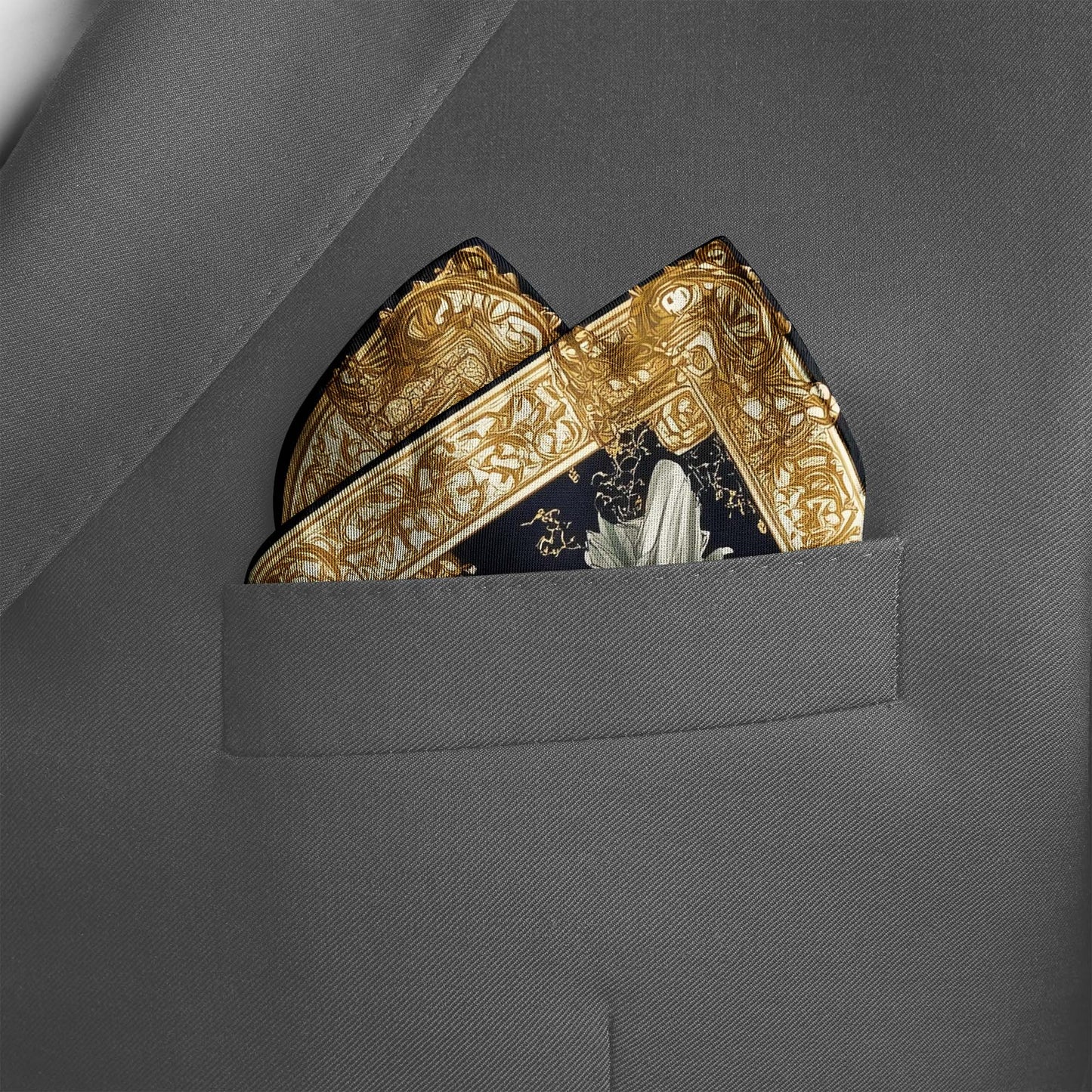 Genuine Silk Black Gold Rococo Dove Compass Pocket Square