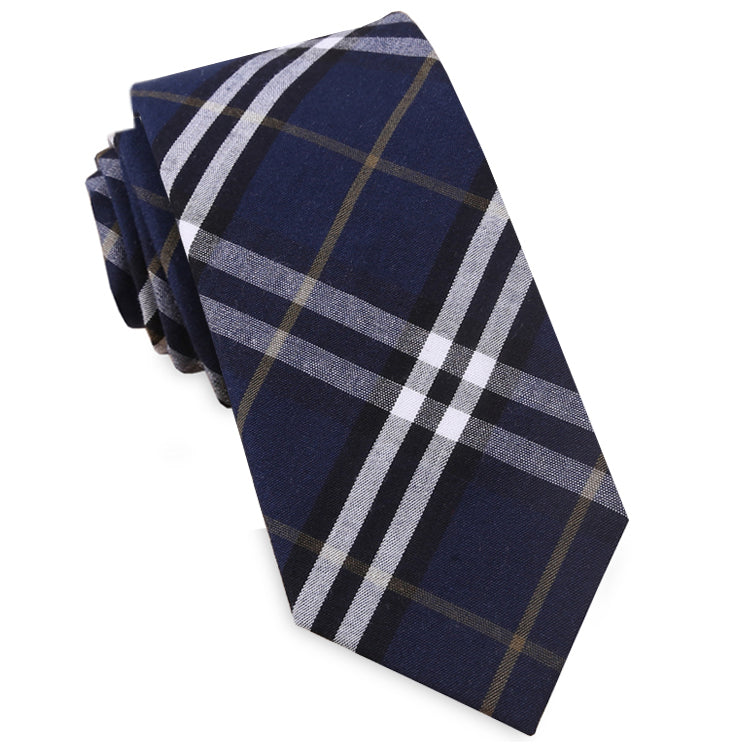 Navy Blue, Black, White & Gold Tartan Plaid Slim Tie