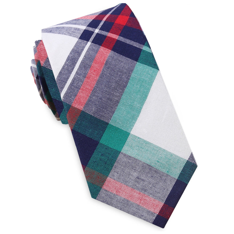 Navy, Green, Red & White Tartan Plaid Slim Tie