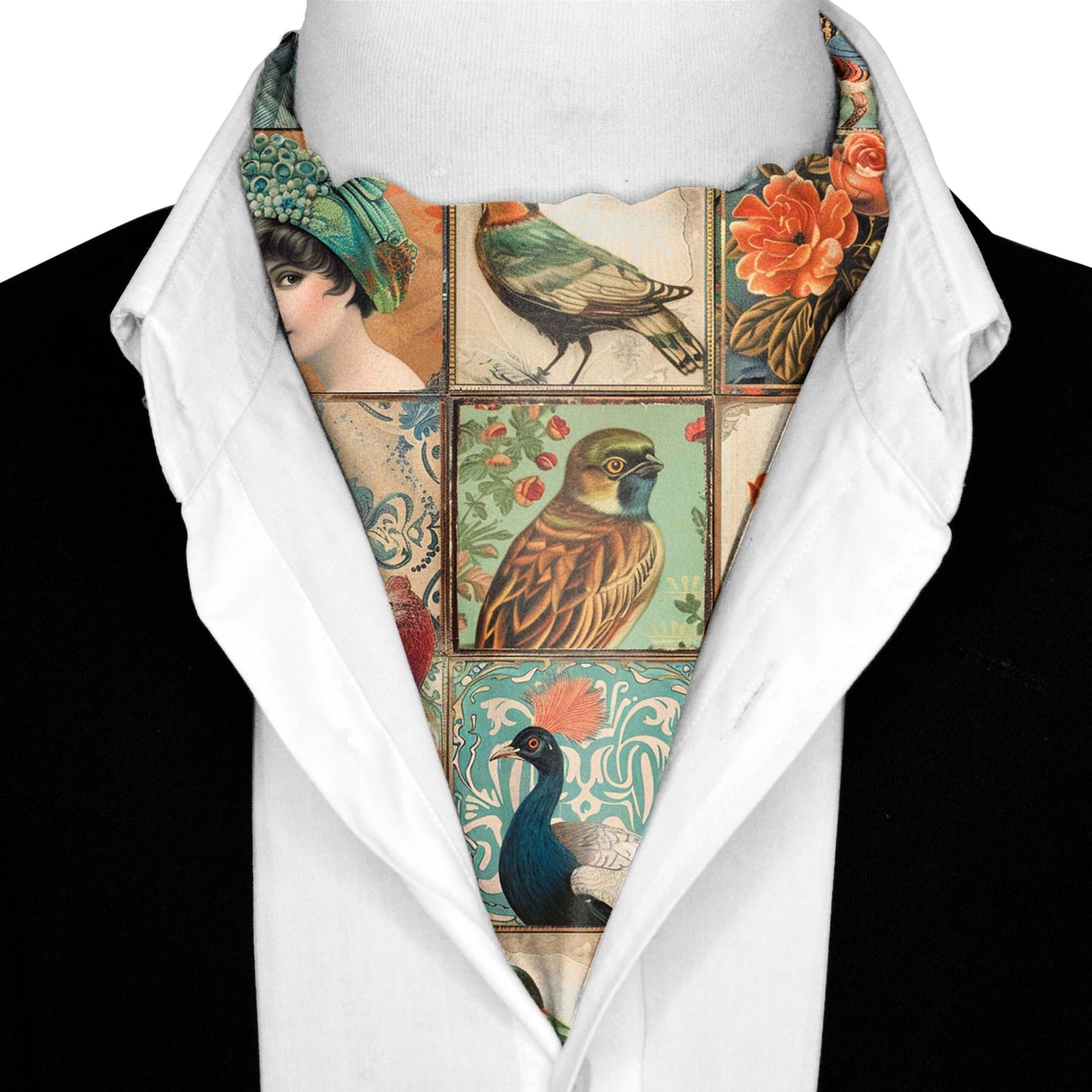 Genuine Silk Peacocks & Sparrows Floral Ascot Cravat