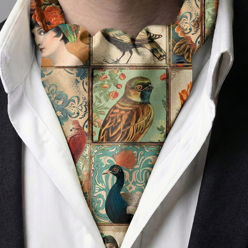 Ascot-Krawatte aus echter Seide mit Pfauen- und Spatzenmotiv und Blumenmuster