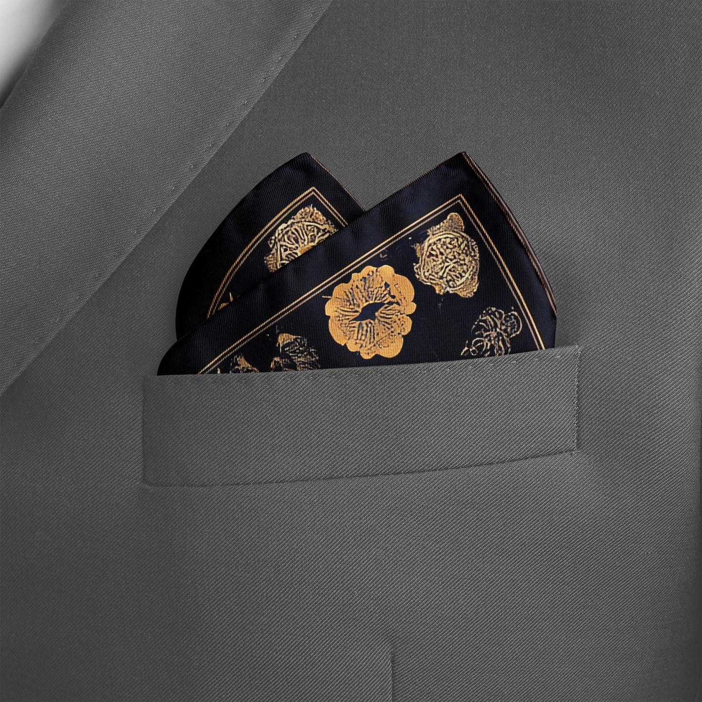 Genuine Silk Black & Gold Heraldic Chessboard Pocket Square