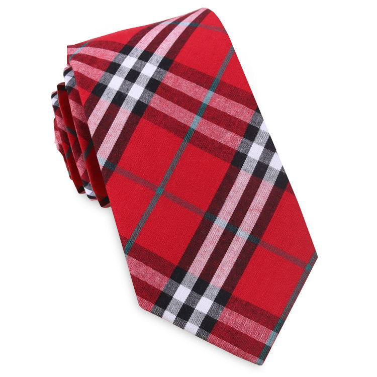 Red & White Tartan Plaid Slim Tie