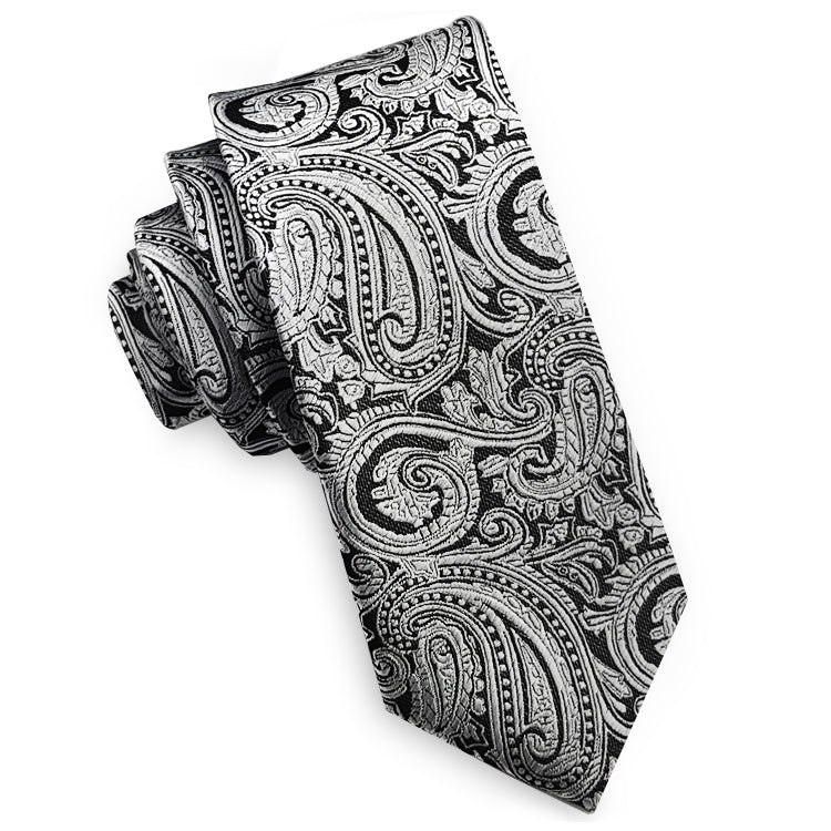 Silver & Black Paisley Mens Skinny Tie