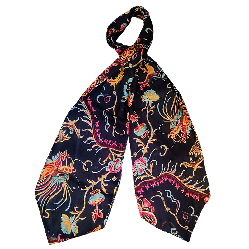 Genuine Silk Black with Gold Traditional Chinese Dragon Ascot Cravat