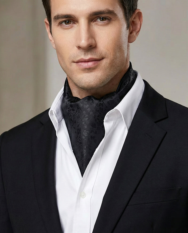 Black with Embossed Floral Ascot Cravat