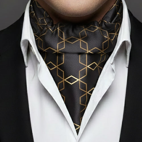 Genuine Silk Black Geometric Gold Ascot Cravat