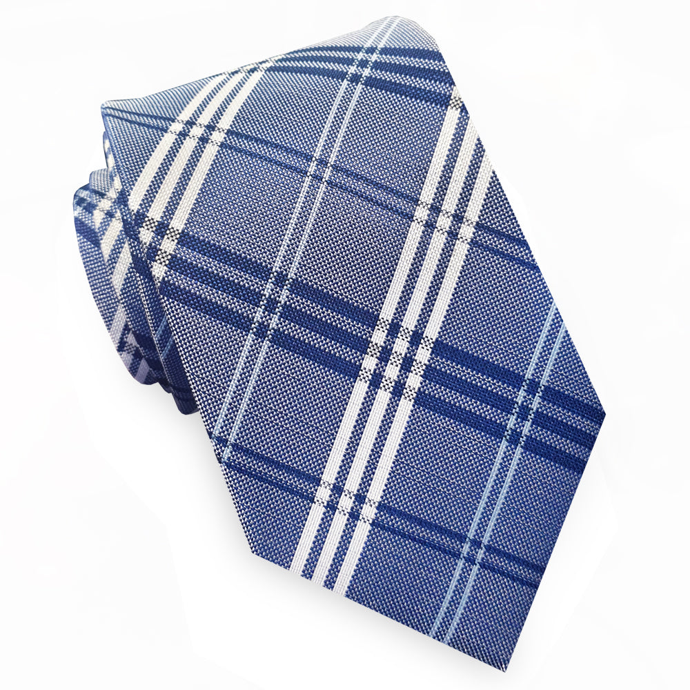 Mid Blue & White Plaid Mens Slim Tie