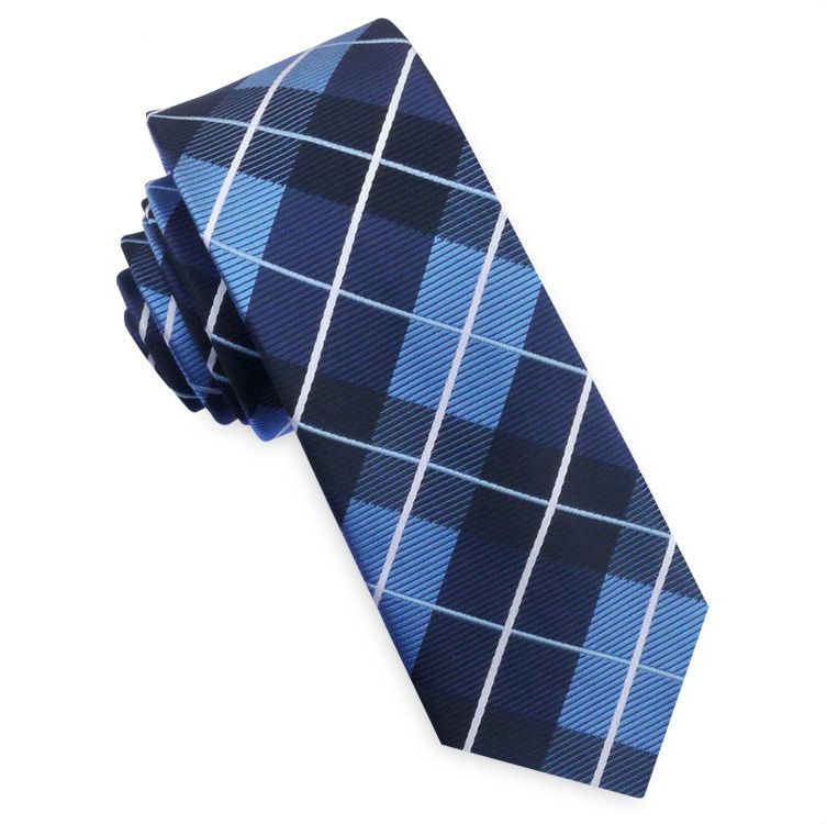 Blue, Black & White Check Plaid Mens Skinny Tie