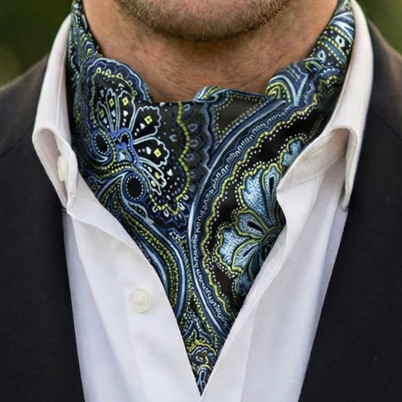Mens Dark Blue, Light Blue & Green Paisley Ascot Cravat