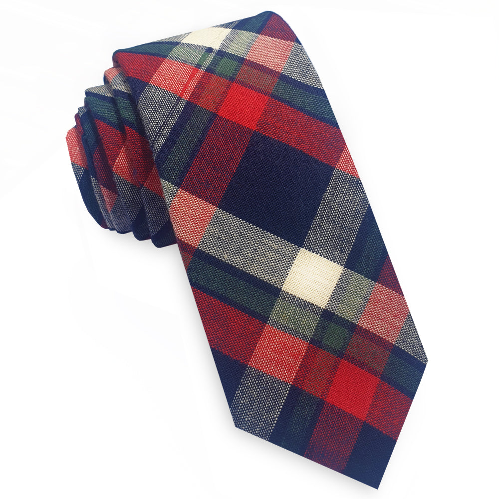 Red, Dark Blue, White & Green Plaid Mens Skinny Tie