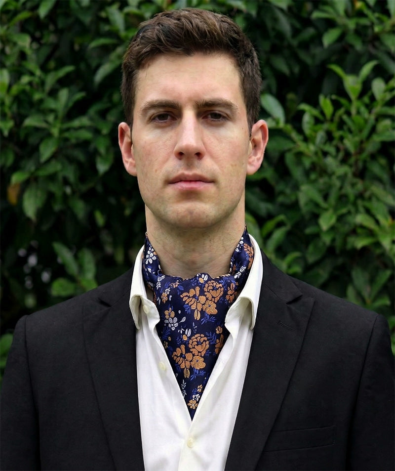 Dark Blue with White & Mustard Gold Floral Ascot Cravat