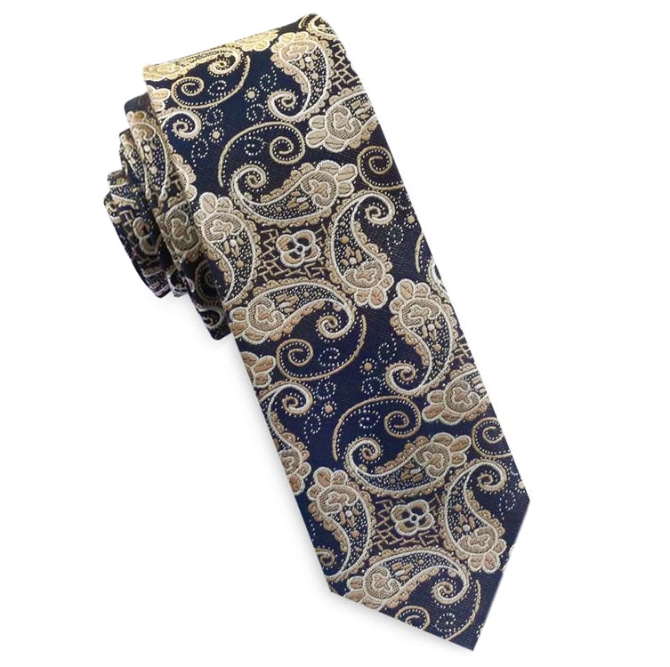 Dark Blue and Gold Paisley Mens Skinny Necktie