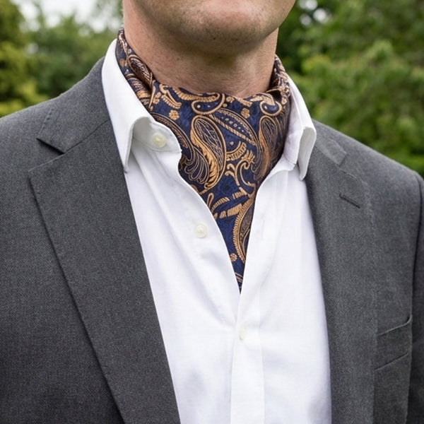 Dark Blue with Gold Plume Paisley Design Ascot Cravat