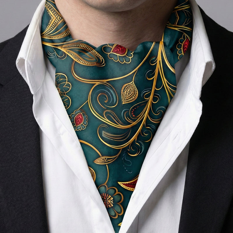 Genuine Silk Green with Gold Swirl Ascot Cravat