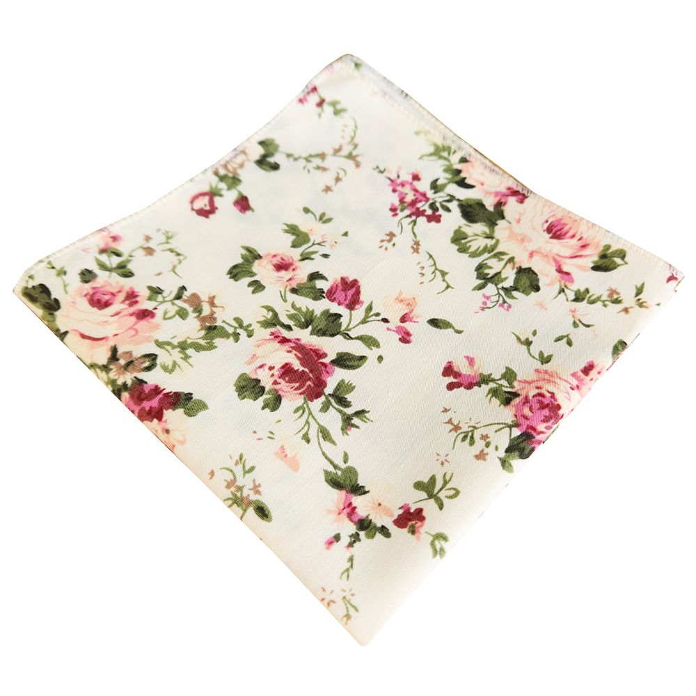 Elfenbeinfarbenes Einstecktuch mit grünem und rotem Blumenmuster