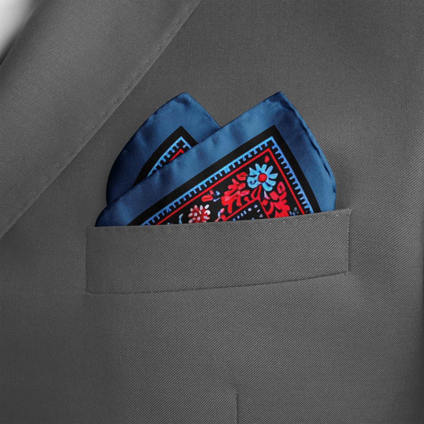 Genuine Silk Red, Blue & Black Floral Pocket Square