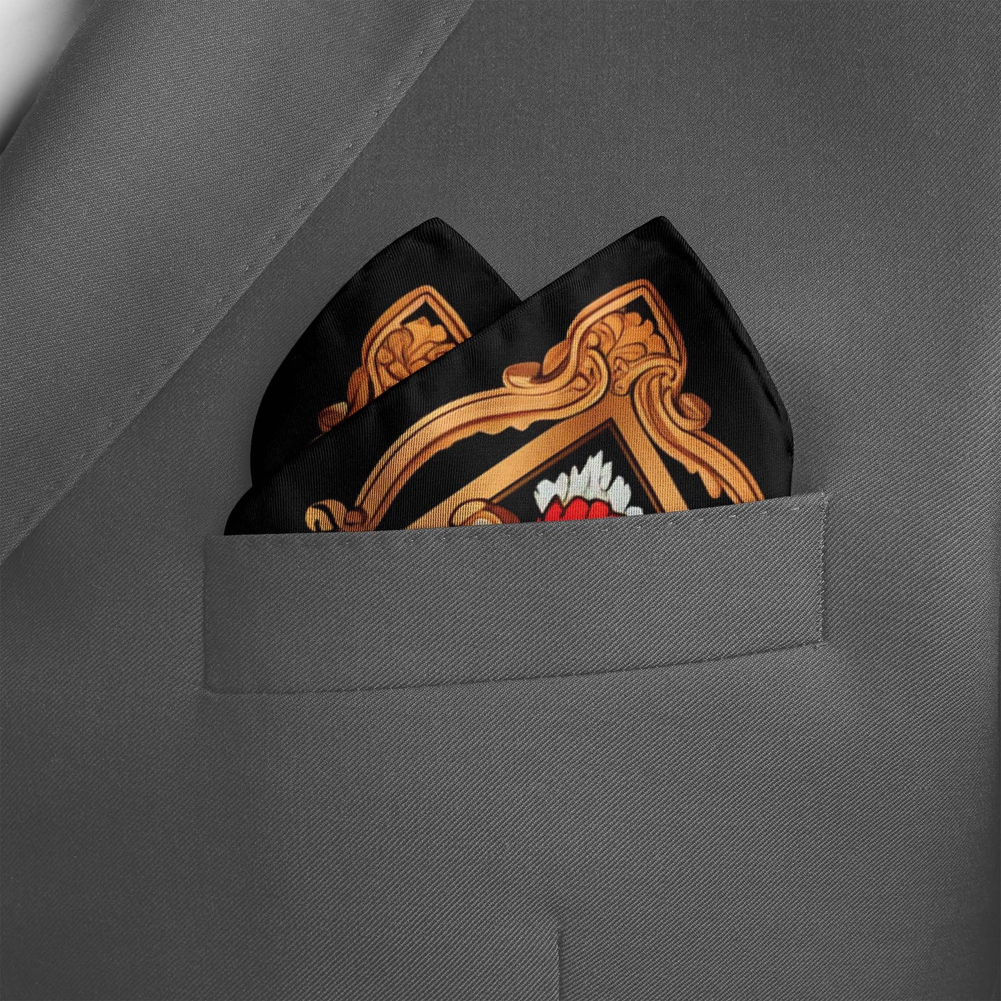Genuine Silk Regal Red & Gold Baroque Medallion Pocket Square