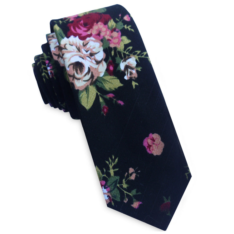 Black with White & Pink Flowers Men's Skinny Tie