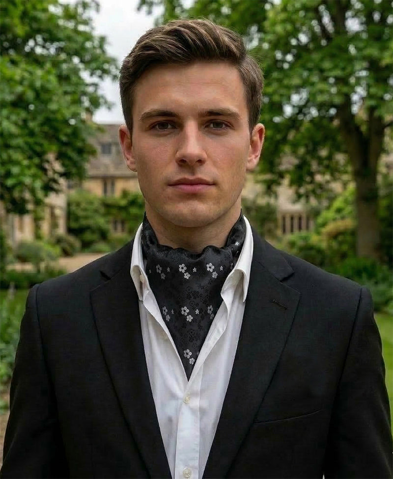Black with Black & White Floral Ascot Cravat