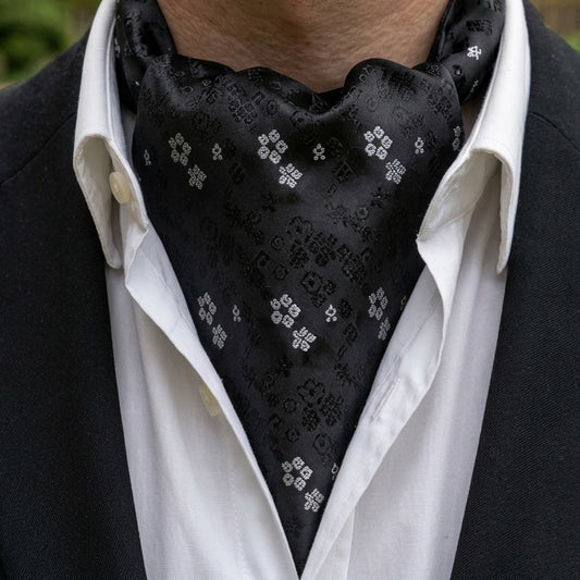 Black with Black & White Floral Ascot Cravat