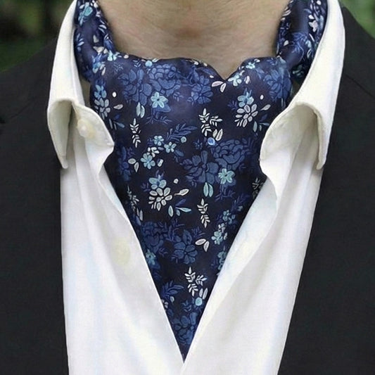 Dark Blue Sky Blue & White Flowers Ascot Cravat