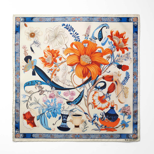 Genuine Silk Amber Bloom and Cerulean Still Life Pocket Square