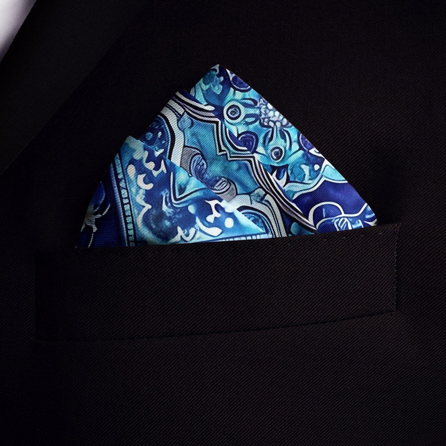Genuine Silk Azure Persian Floral Mosaic Pocket Square