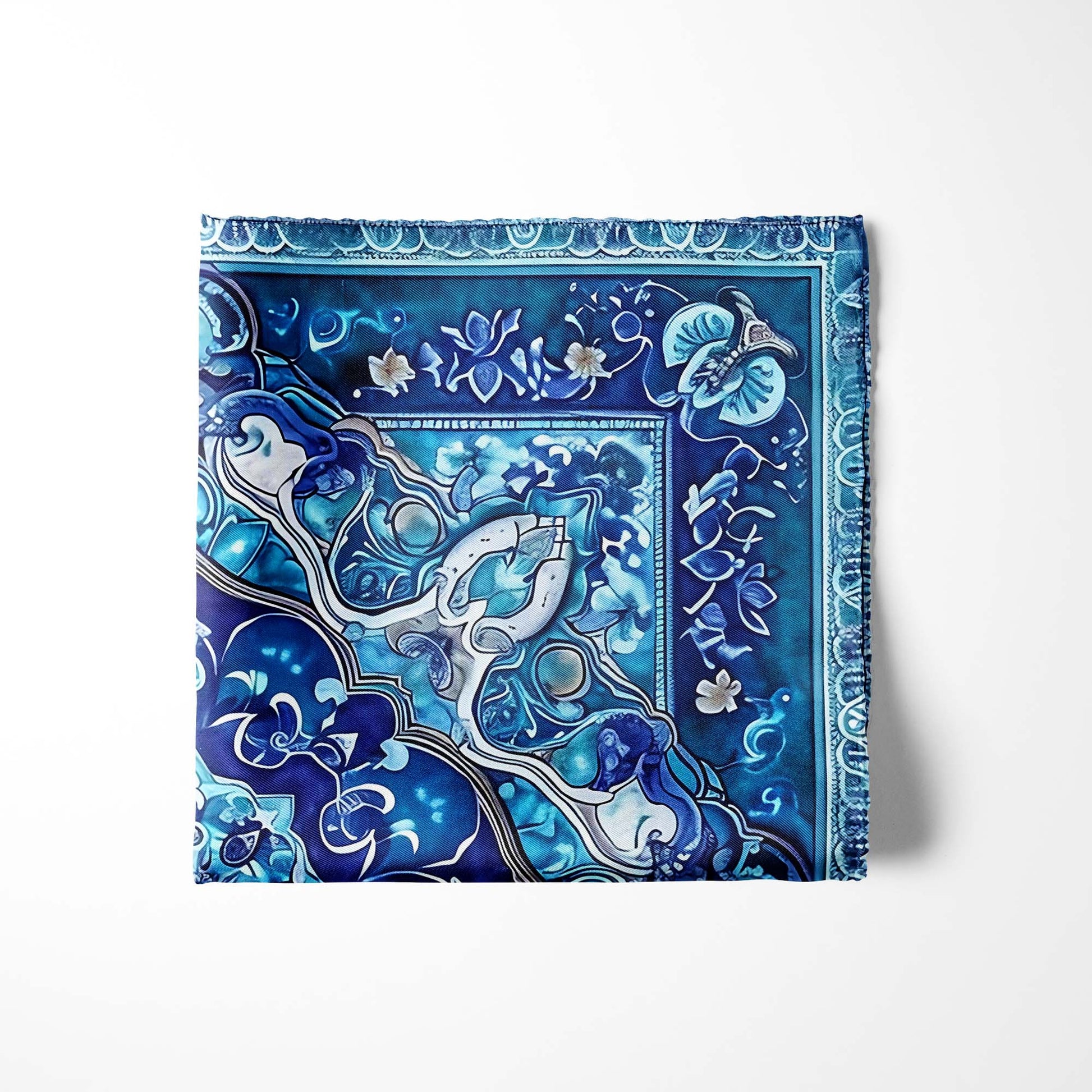 Genuine Silk Azure Persian Floral Mosaic Pocket Square