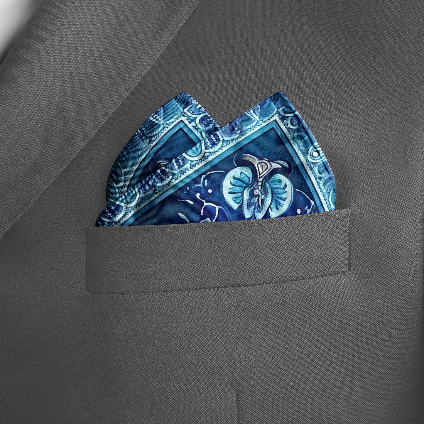 Genuine Silk Azure Persian Floral Mosaic Pocket Square