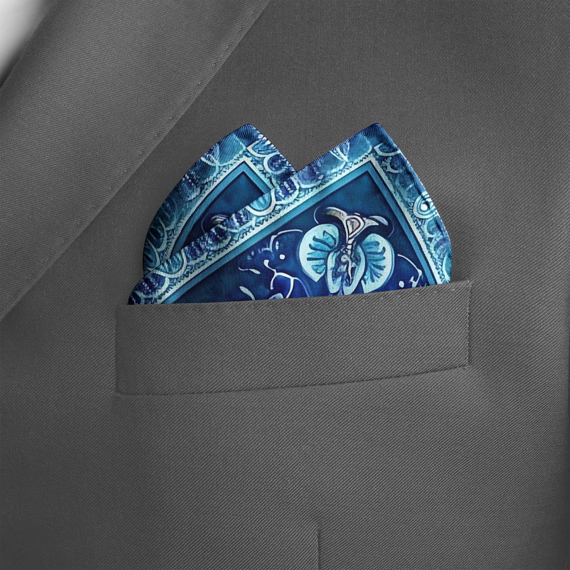 Genuine Silk Azure Persian Floral Mosaic Pocket Square
