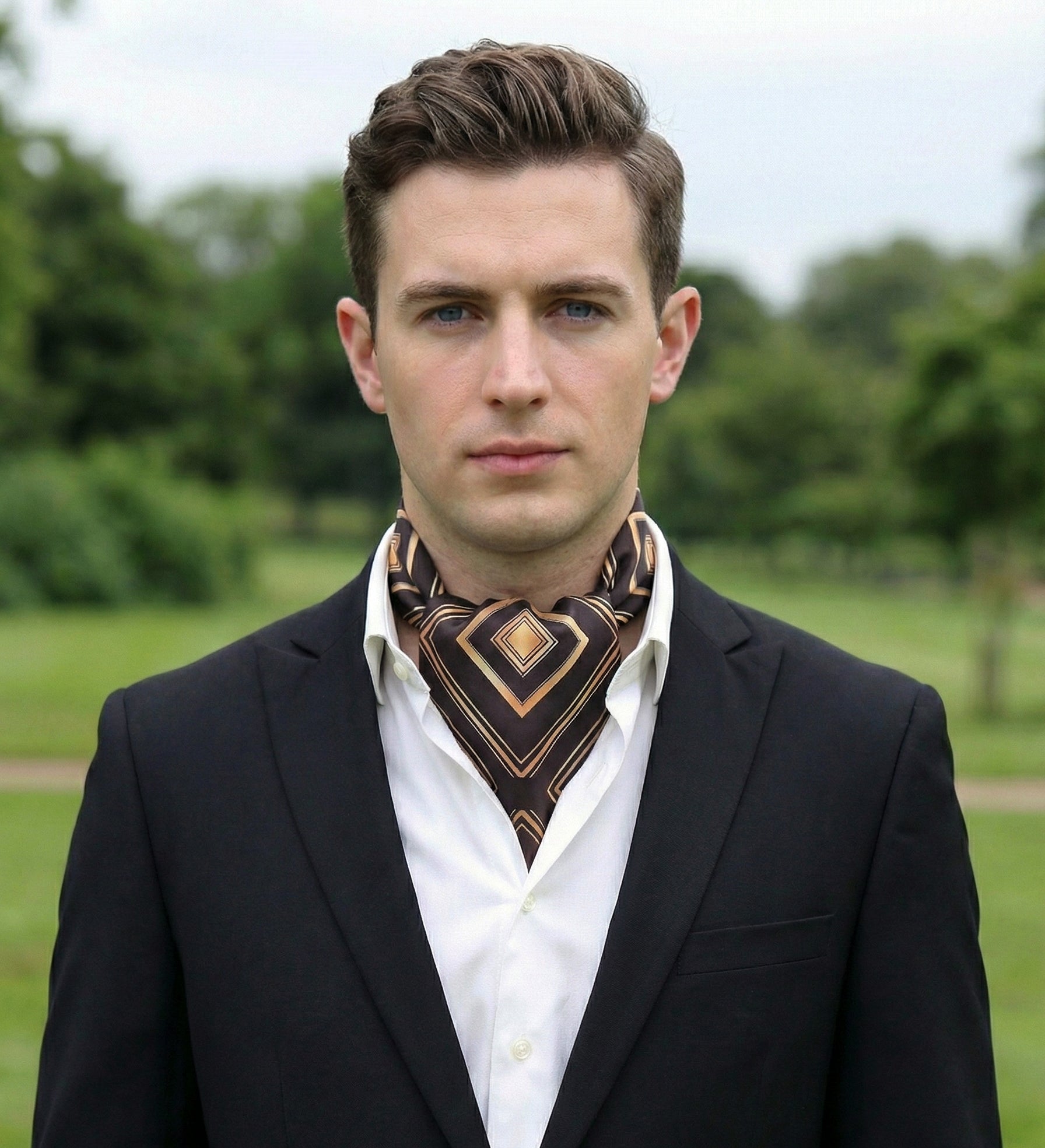 Genuine Silk Black Gold Diamonds Ascot Cravat