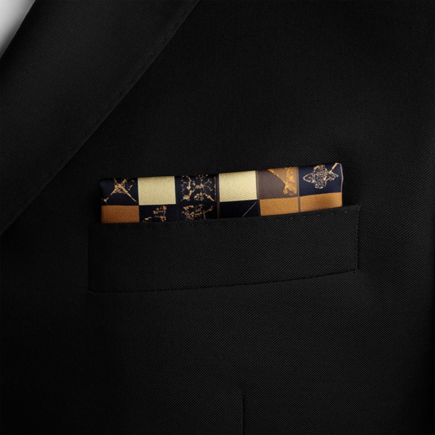 Genuine Silk Black & Gold Heraldic Chessboard Pocket Square