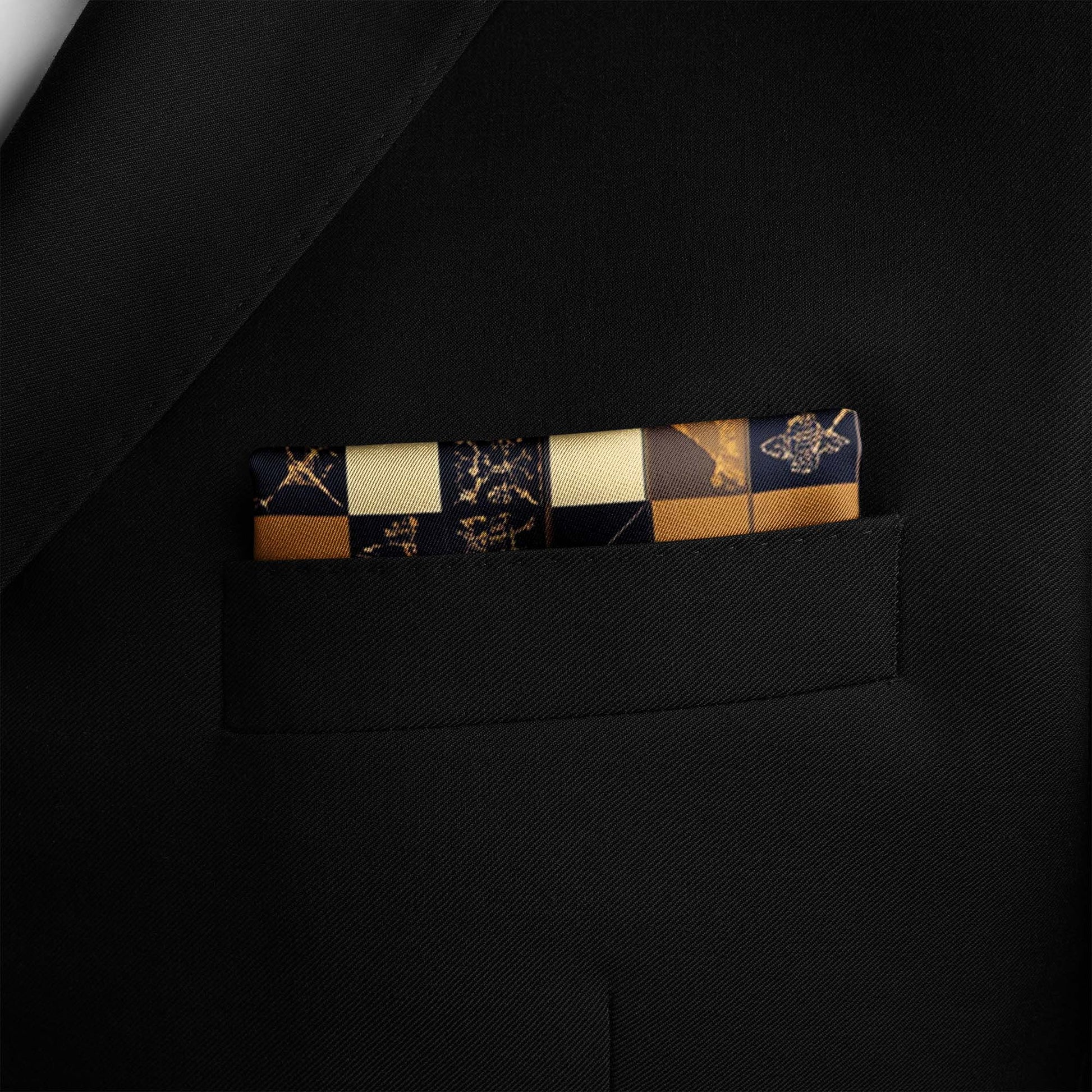 Genuine Silk Black & Gold Heraldic Chessboard Pocket Square