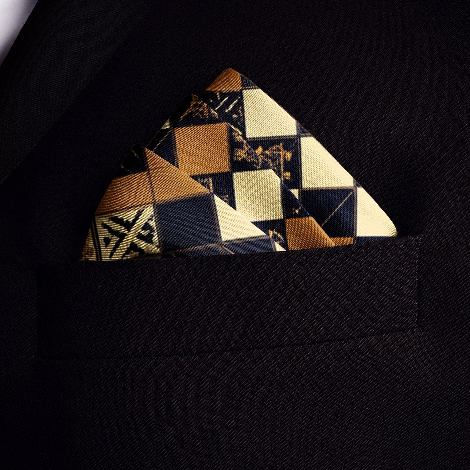 Genuine Silk Black & Gold Heraldic Chessboard Pocket Square