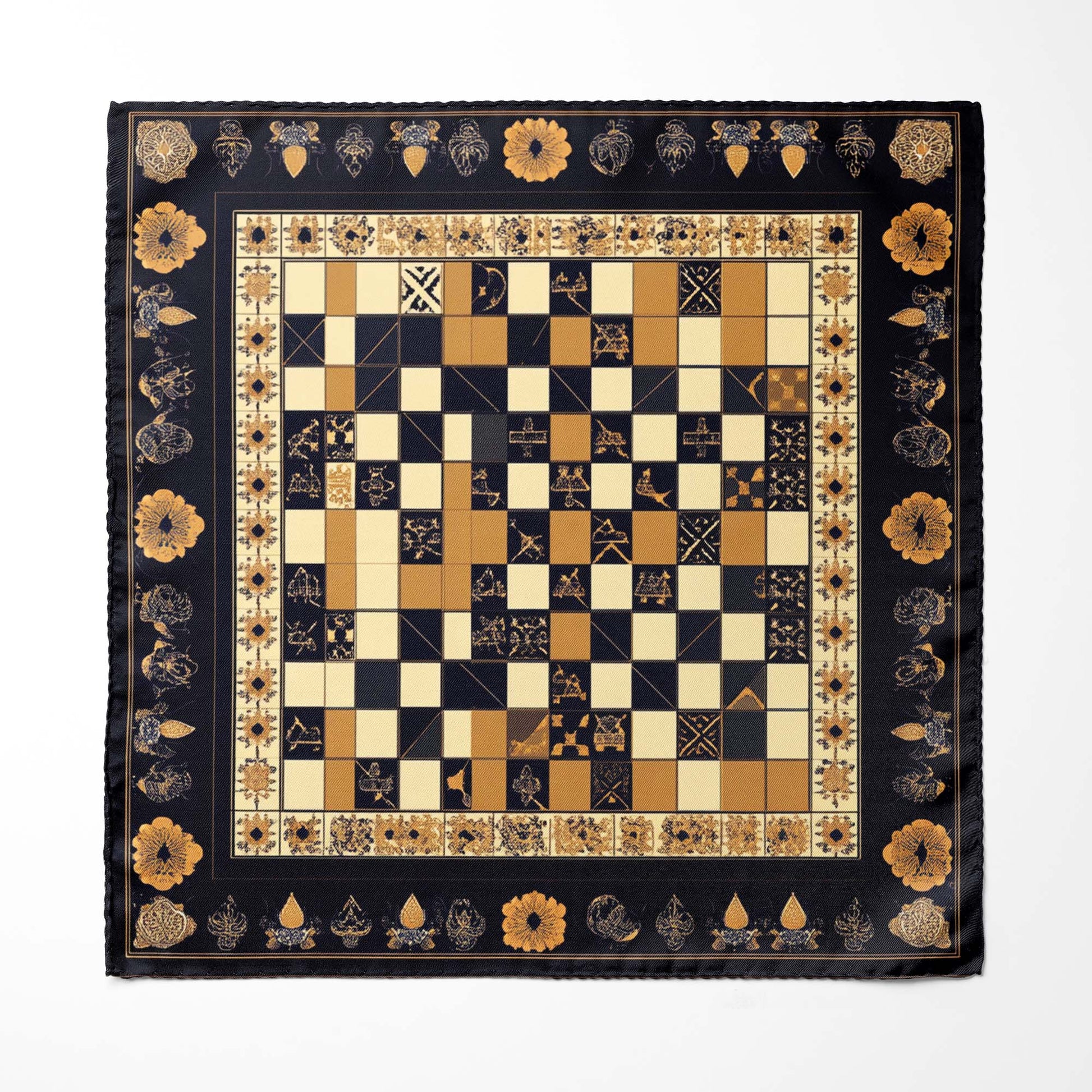 Genuine Silk Black & Gold Heraldic Chessboard Pocket Square