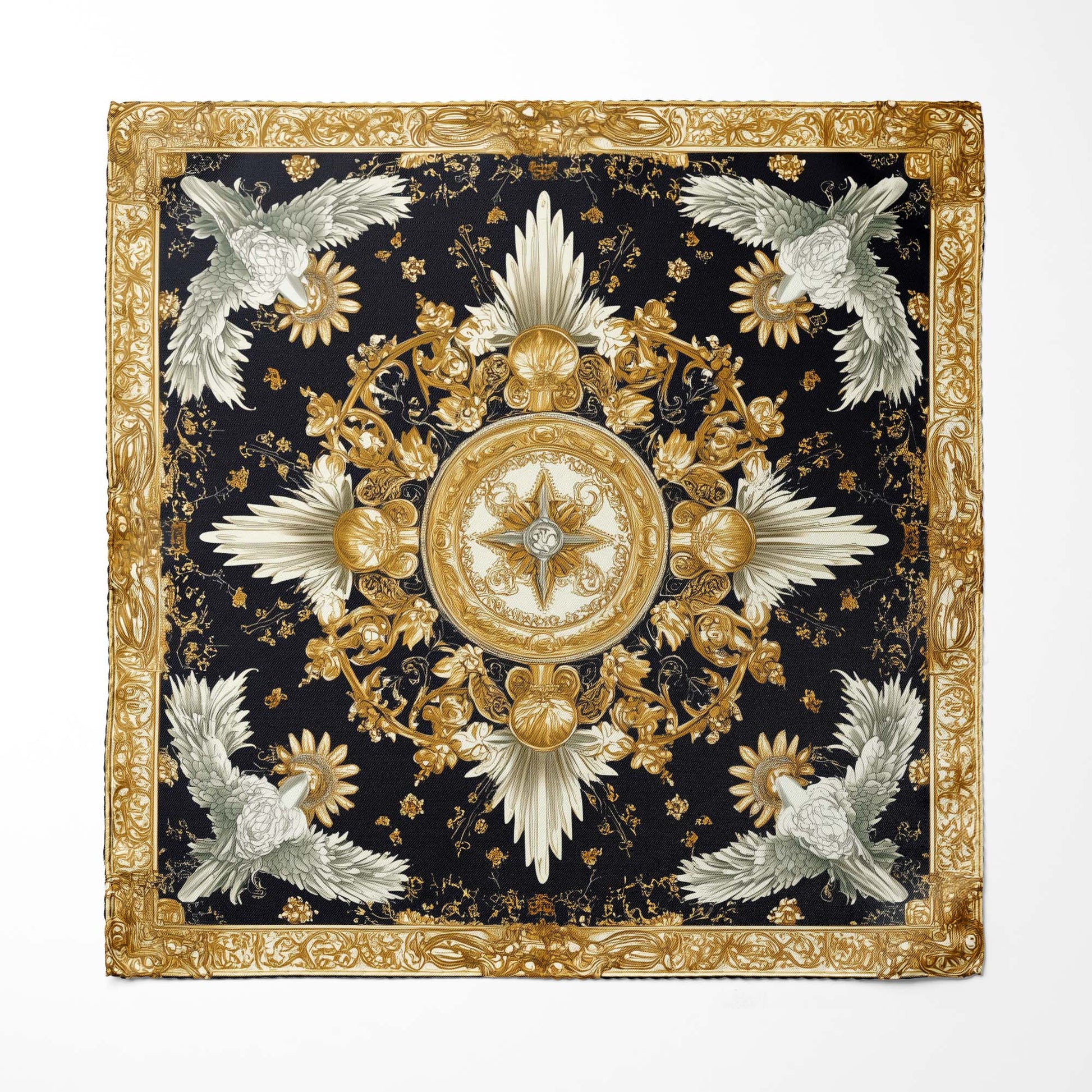 Genuine Silk Black Gold Rococo Dove Compass Pocket Square