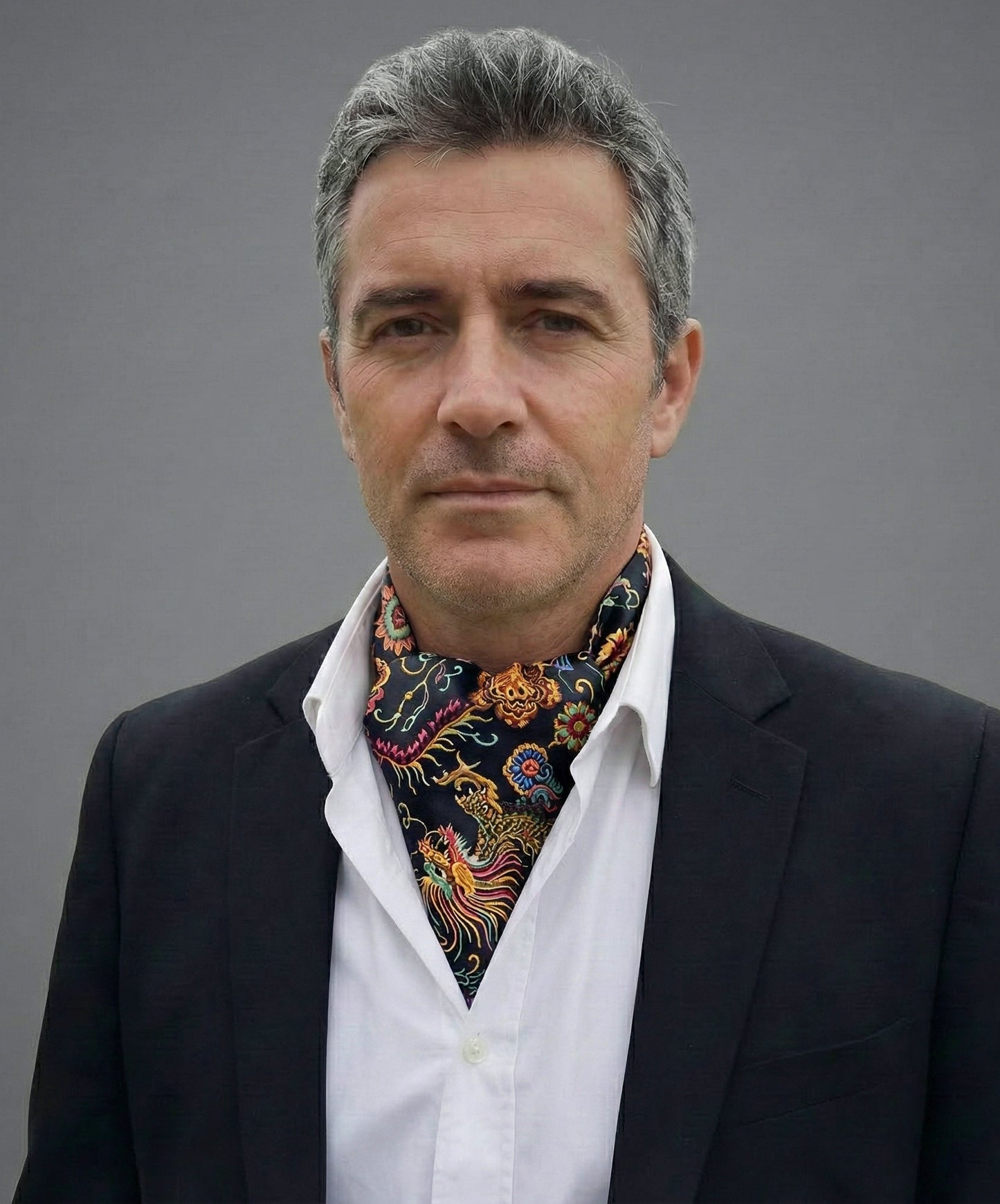 Genuine Silk Black with Gold Traditional Chinese Dragon Ascot Cravat