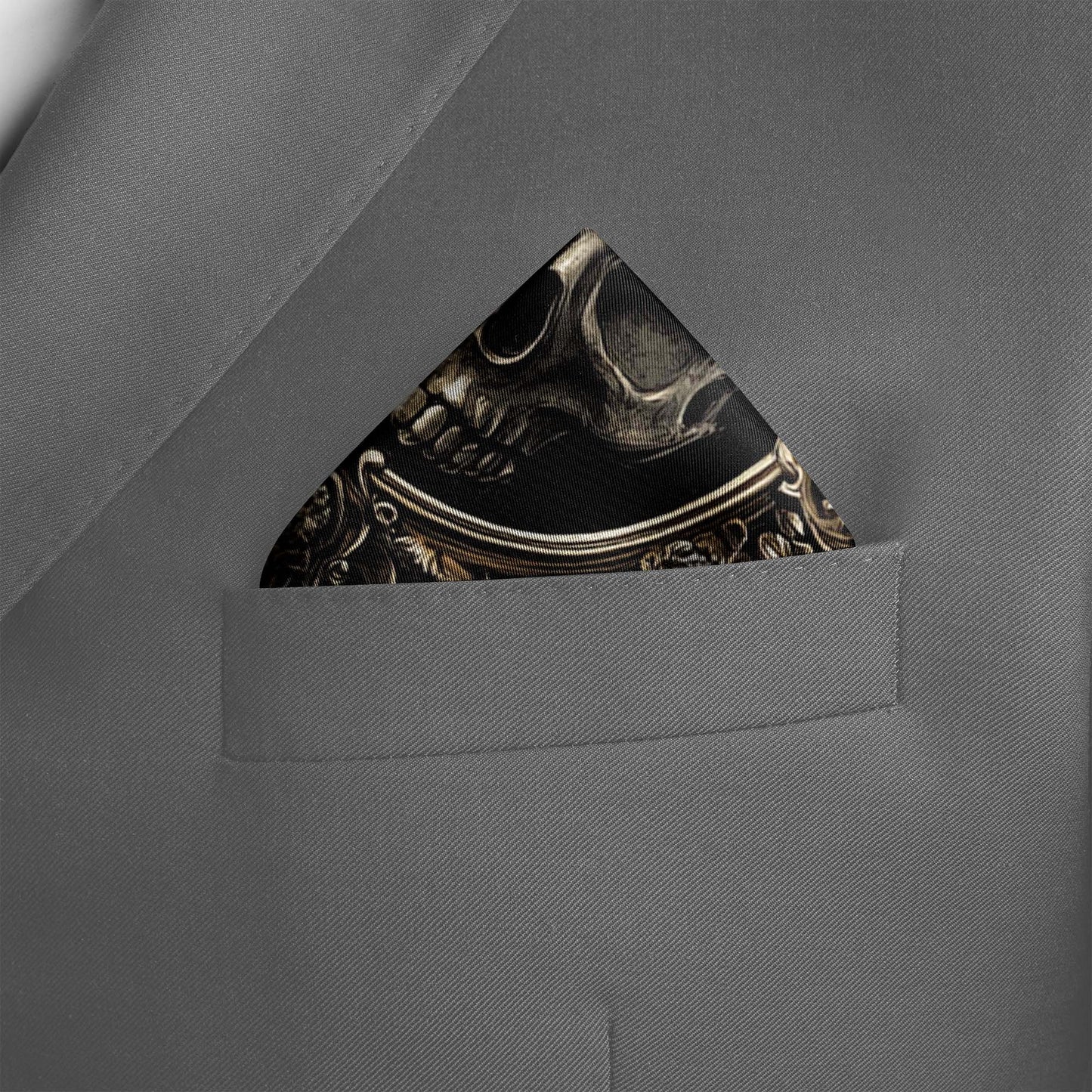 Genuine Silk Black with Skull and Gold Filigree Pocket Square