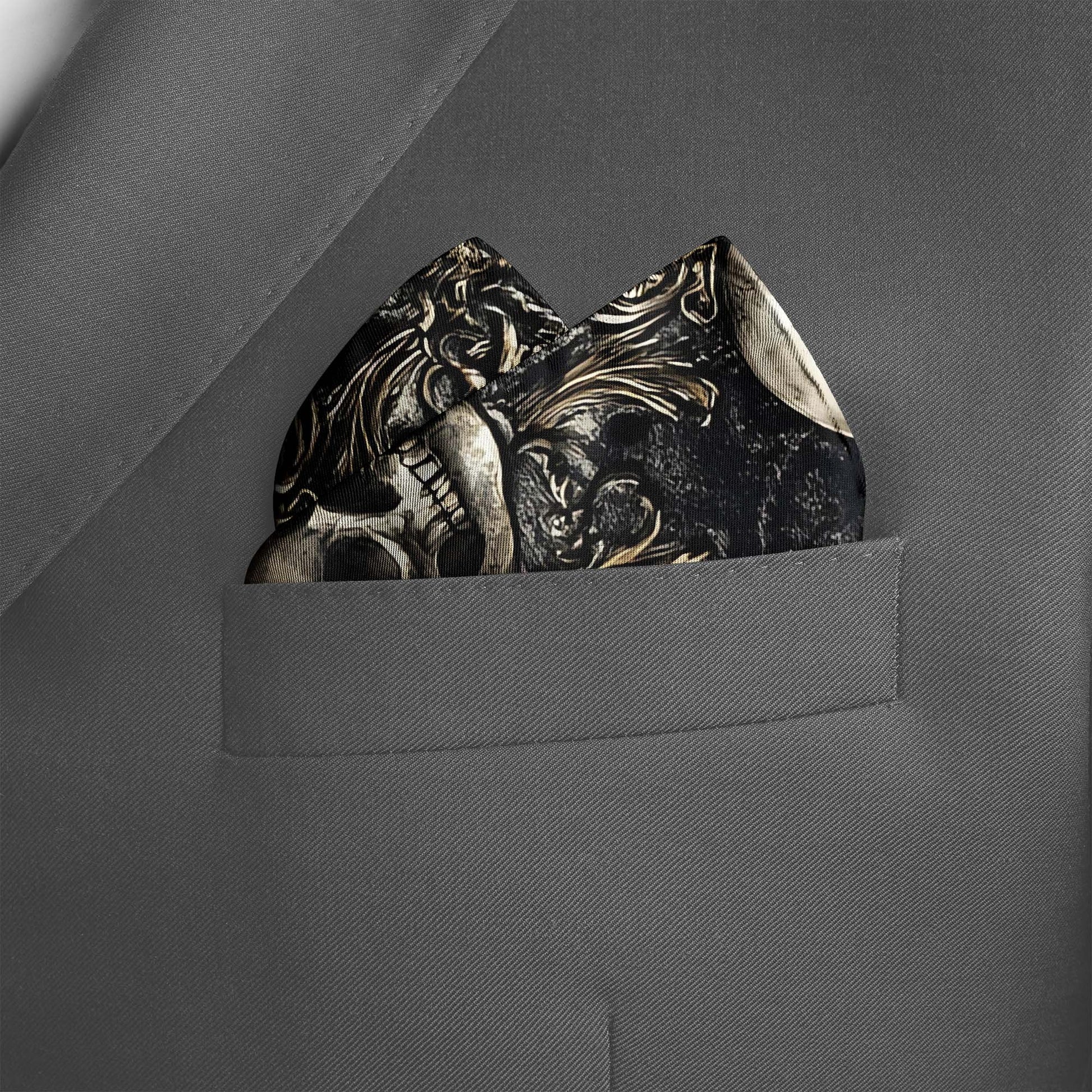 Genuine Silk Black with Skull and Gold Filigree Pocket Square